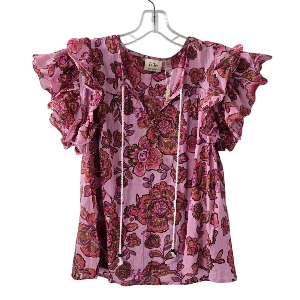Elie Tahari Pink Fairy Floral Cotton Ruffle Flutter Sleeve Blouse Top